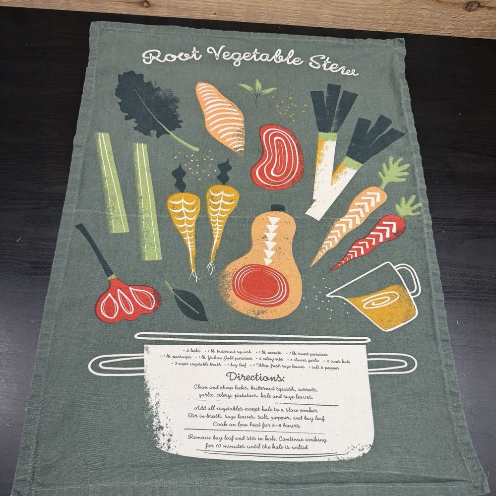 Crate and Barrel Tea Towel Root Vegtable Stew 100% Cotton 20"x30" Kitchen Recipe